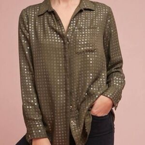 Anthropologie mauve‎ Arya Blouse x-Small olive Green Sequin Button Down Shirt